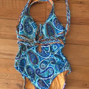 Trina Turk one piece teals paisley swimsuit